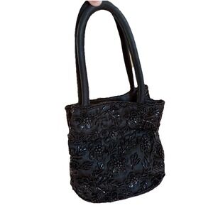 Vintage Stephanie Black Beaded Evening Bag Mini Satin Tote 90's Floral Cocktail